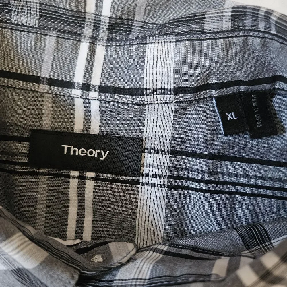 Theory Shirt Mens XL Black Grey Plaid Long Sleeve Button Up Cotton Preppy Office